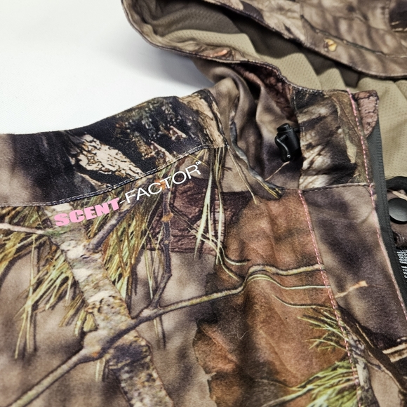 Womens Cabelas Large Mossy Oak Camo Hooded Full Zip Pink Accents Scent Factor - Picture 3 of 11